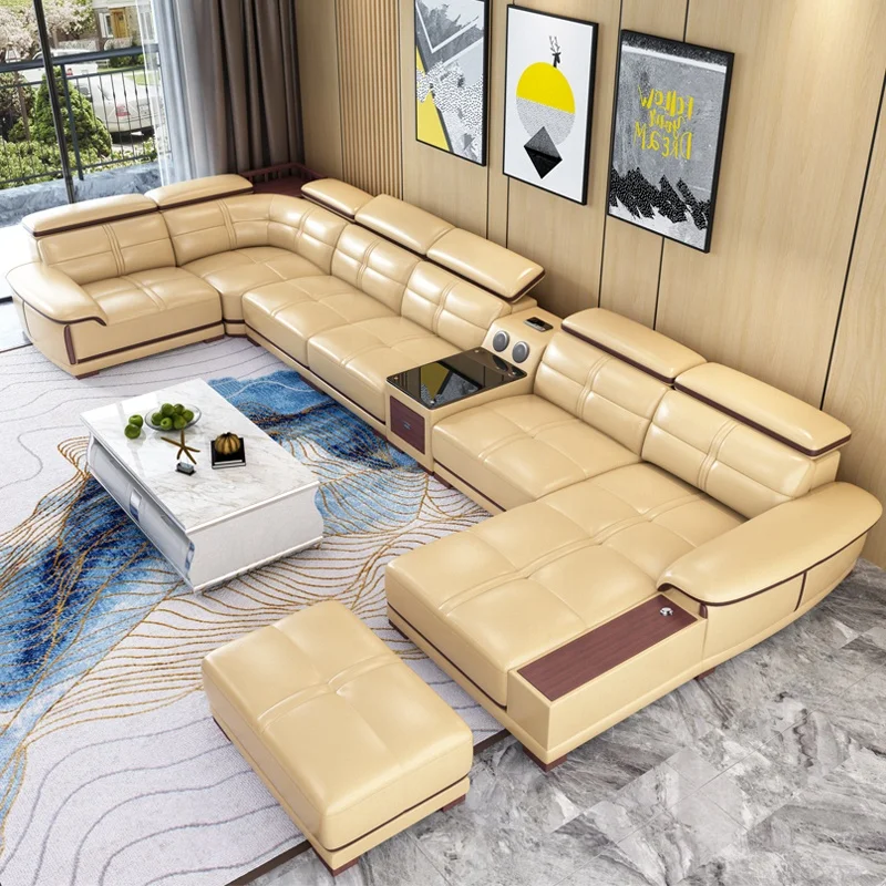 modern designs genuine leather sofa set furniture U shaped living room furniture sectional sofa