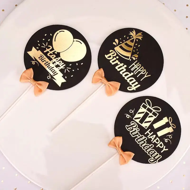 Black card bronzing Printing  with bow tie cake Topper   Happy birthday cake Decoration Make a Cake Topper