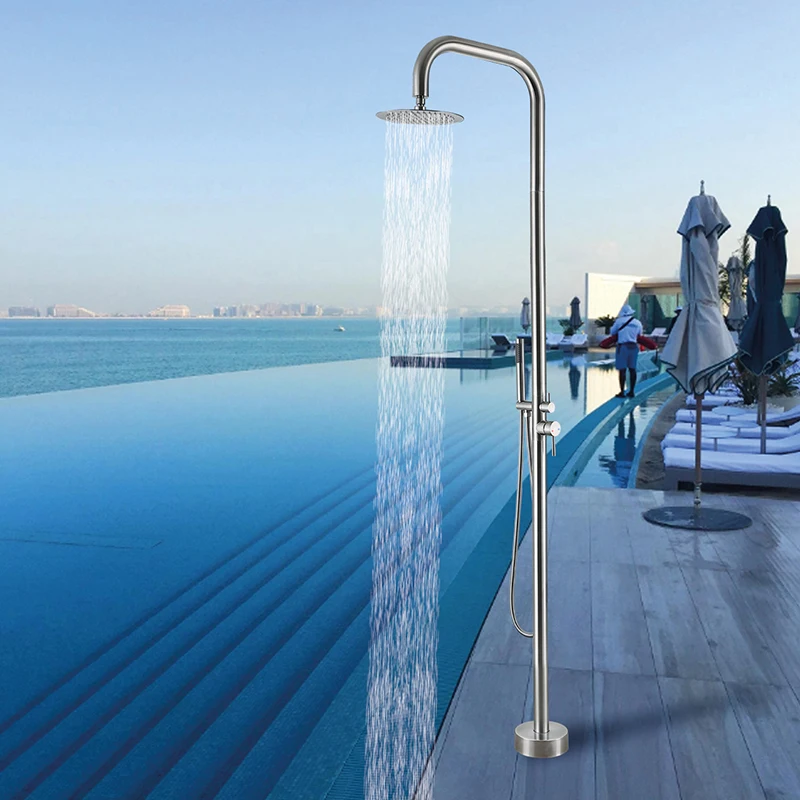 Freestanding Outdoor Shower Set Brushed Nickel Stainless Steel Column Dual Handles Swimming Pool Beach Garden