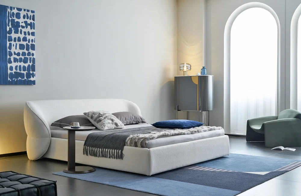 Hot selling King Queen Double Size Linen Upholstered Bed Modern Bedroom Furniture Set Teddy Fabric Bed For Villa Apartment