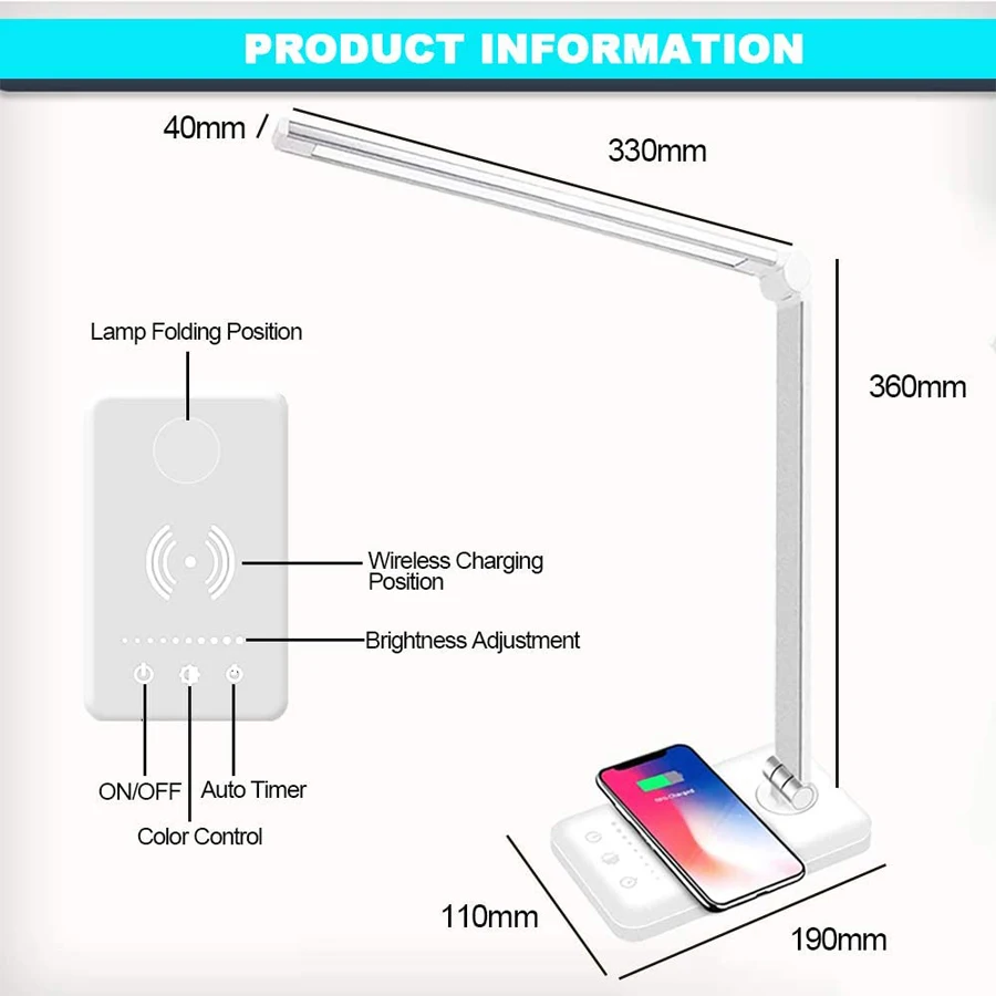 Eye Protection Study Lights Aluminum Alloy Modern Folding 5 Gears Dimming Reading Led Wireless Charging Table Touch Desk Lamp