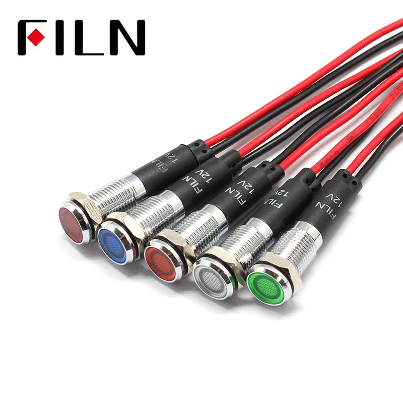 FILN 8mm LED Signal lamp 6mm waterproof  Metal Indicator light 12V 24V 48V 220v with Wire Red Yellow Blue Green White