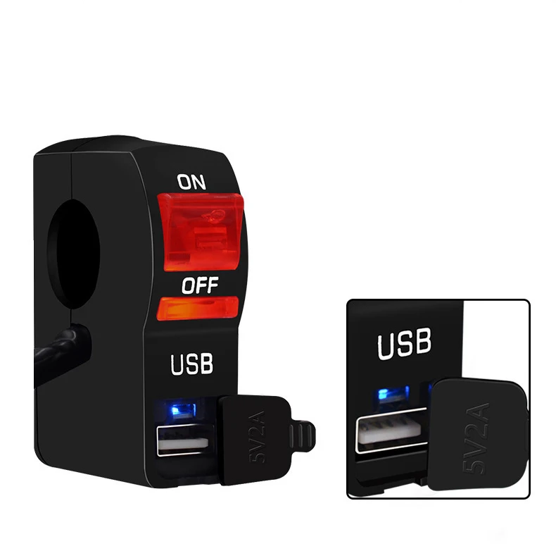 Motorcycle headlight transparent switch 12V with indicator LED light single USB faucet handle fixed On Off switch charger