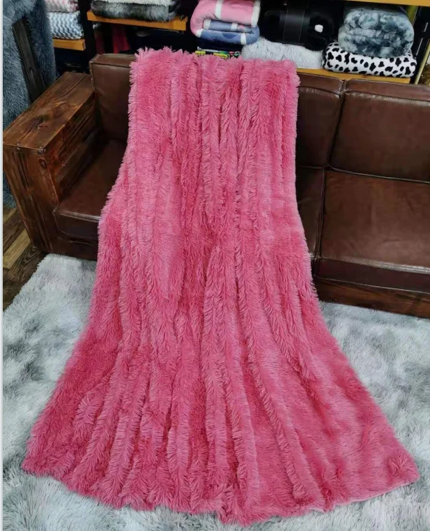Luxury Long Hair Fleece Fluffy PV Plush  Blanket  Long Pile shaggy Fleece Super Soft Faux Fur 2 ply Solid Color Throw Blanket