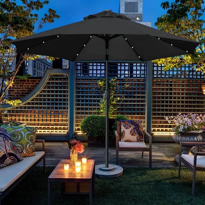 Best Selling Hottest Romantic Outdoor Sunshade Beach Conversation Customized Black 9 Solar LED Lights Patio Umbrella