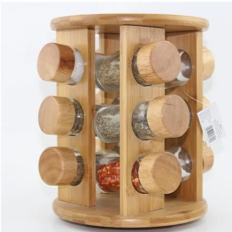 Bamboo 16 Filled Bottle Spice Rack Black Spice Rack Stackable 3-tier Kitchen Masala Box Spice Rack Rotating