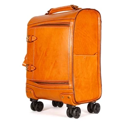 New leather retro trolley case 20 inch 360 Degree Wheels travel suitcase vegetable tanned leather hand luggage