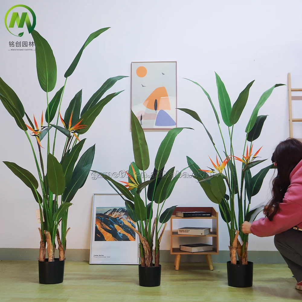 Wholesale artificial plants and flowers banana bonsai plants with pot plastic bird of paradise plants for indoor decor