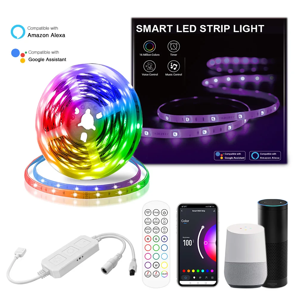 
Best Price LED Light 5M 300LEDs IP20 12V SMD 5050 RGB Tuya Smart Life WIFI APP Controlled LED Light Strip Compatible With Alexa 
