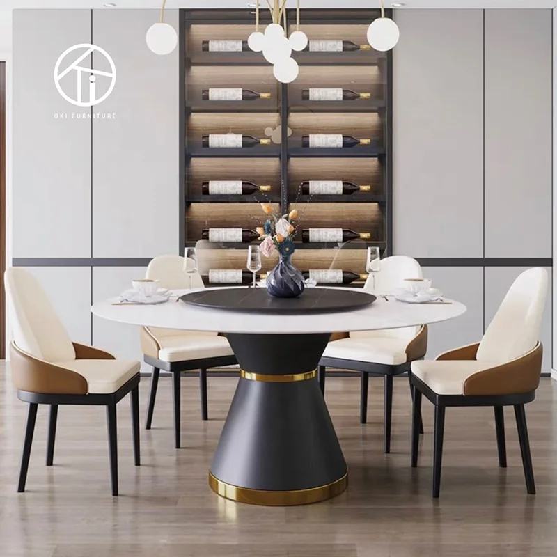 popular round white sintered stone ceramic top Strong metal stand with black powder coated brass 6 seater dining table for home