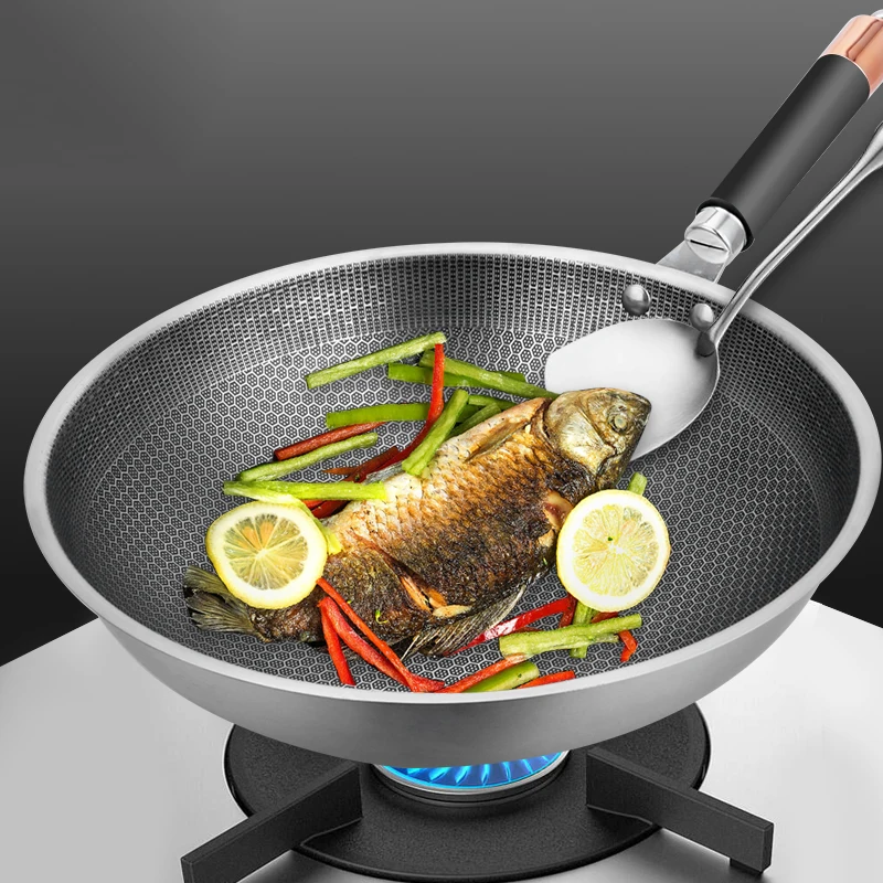 Stainless steel non stick frying pan with wooden handle, 32 kitchen cooker chinese wok pan honeycomb fry pan