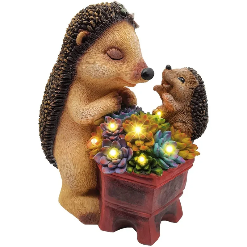 Garden Hedgehog Statues Outdoor Decor Solar Resin Hedgehog Figurine with 8 Warm White LEDs Outdoor Decorations