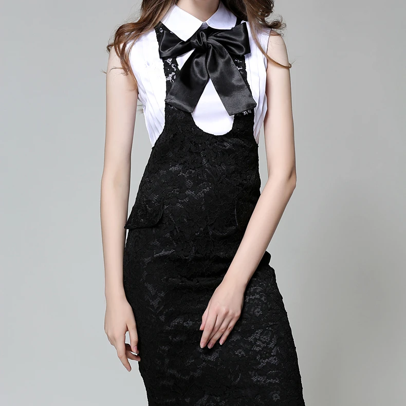 Elegant black and white floral lace hem sleeve evening dresses bow tie turn down collar summer ladies dress for party