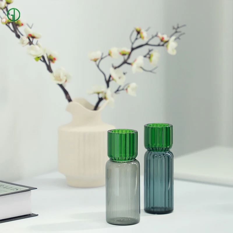 Custom New Nordic Home Style Borosilicate Glass Green Vertical Stripe Cylinder Glass Vase Glass Flower Vase for Home Decor