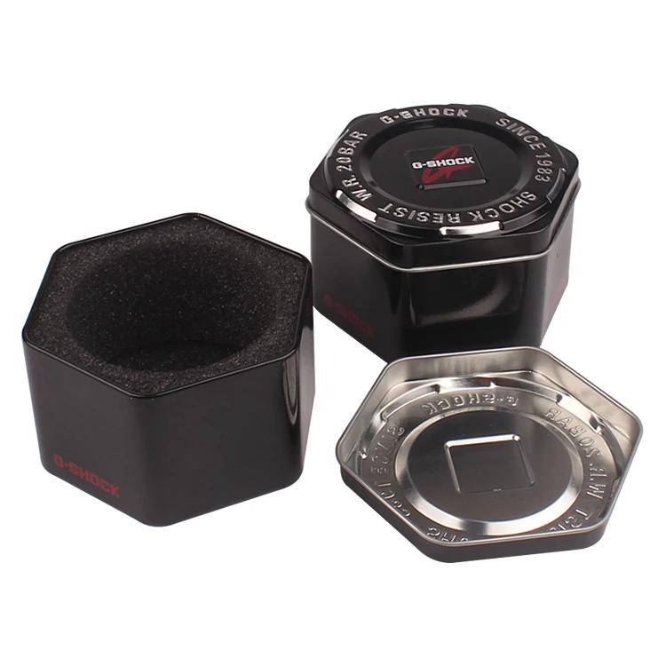 Factory Supply Branded Black Hexagon Fossil Watch Tin Box With Cover