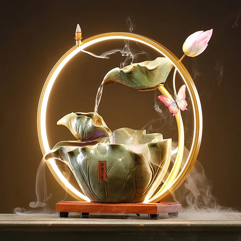 Lotus Shaped Ceramic Water Fountain with Smoke Home Office Desktop Small Waterfall Fountain with Incense Burner Light