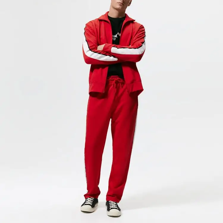 best sale custom logo cotton high quality elasticated unisex zipper fly hooded tracksuit sportswear jogger stripe men sweatsuit