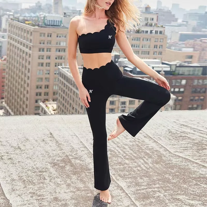 custom logo women workout gym fitness one shoulder sport bra suits lightweight flared yoga pants lounge wear sets