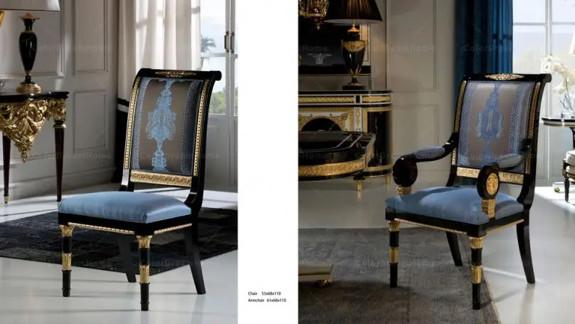 Luxury European Italian Classic Blue Solid Wood Armchair Dining Chair