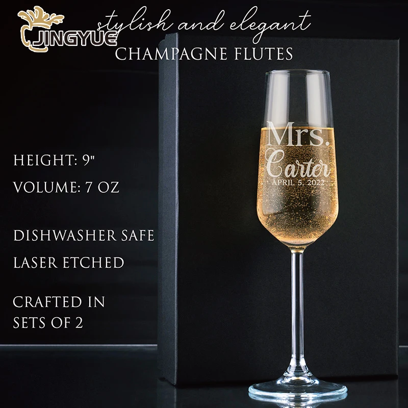 Customized Logo Engraved 7oz Personalized Toasting Champagne Flute Glasses Set with Gift Box for Wedding Bridal Party Engagement