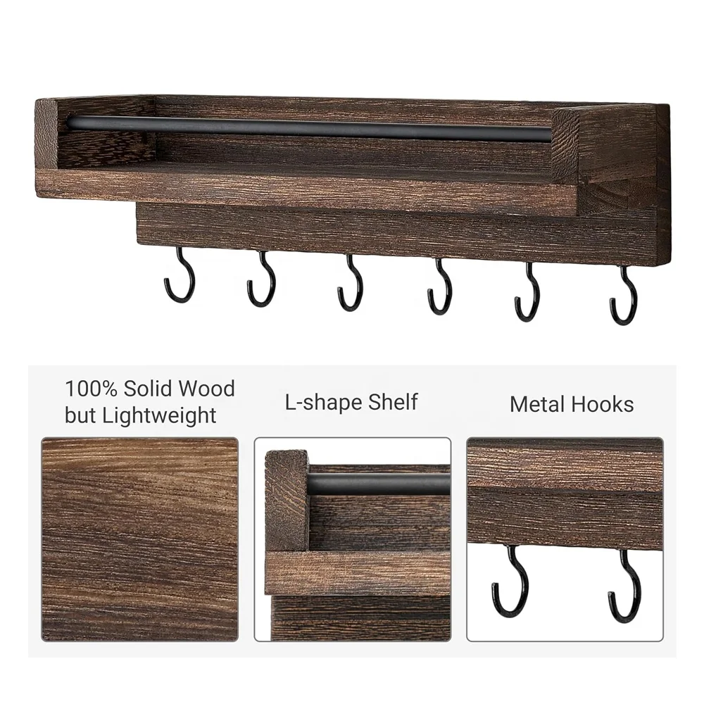 Rustic brown wood key rack with 6 hooks decorative display keys hanger organizer for entryway wood key holder for wall