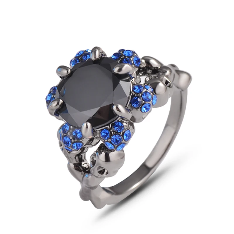 
European And American Princess Diamond Ring Domineering Skull Punk Black Gemstone Black Gold Ring 