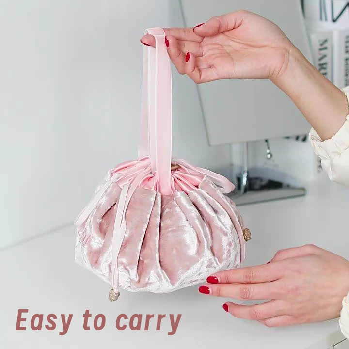 Fabric Cosmetic Storage Bag Customized Lay Flat Makeup Pouch Lazy Drawstring Makeup Bag Wholesale Soft Flannel for Women OEM