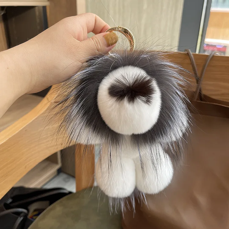 Cute Rex Rabbit Fur Little Lion Plush Bag Pendant Toy Doll Plush Ball Car Keychain Pendant