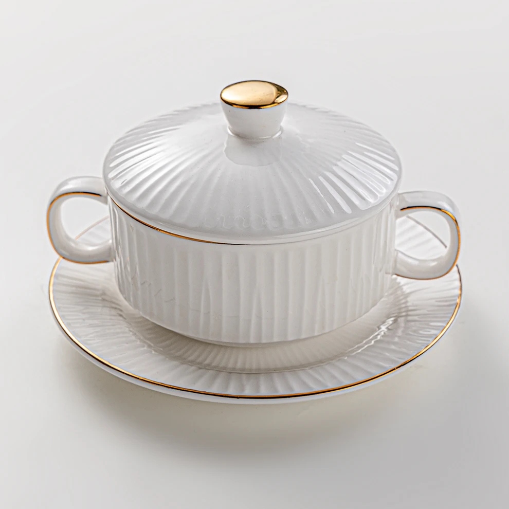 Factory Direct Sell 240ml Nordic Salad Bowl White Gold Rim Pottery Soup Bowl With Lid Porcelain Soup Bowl With Two Handle