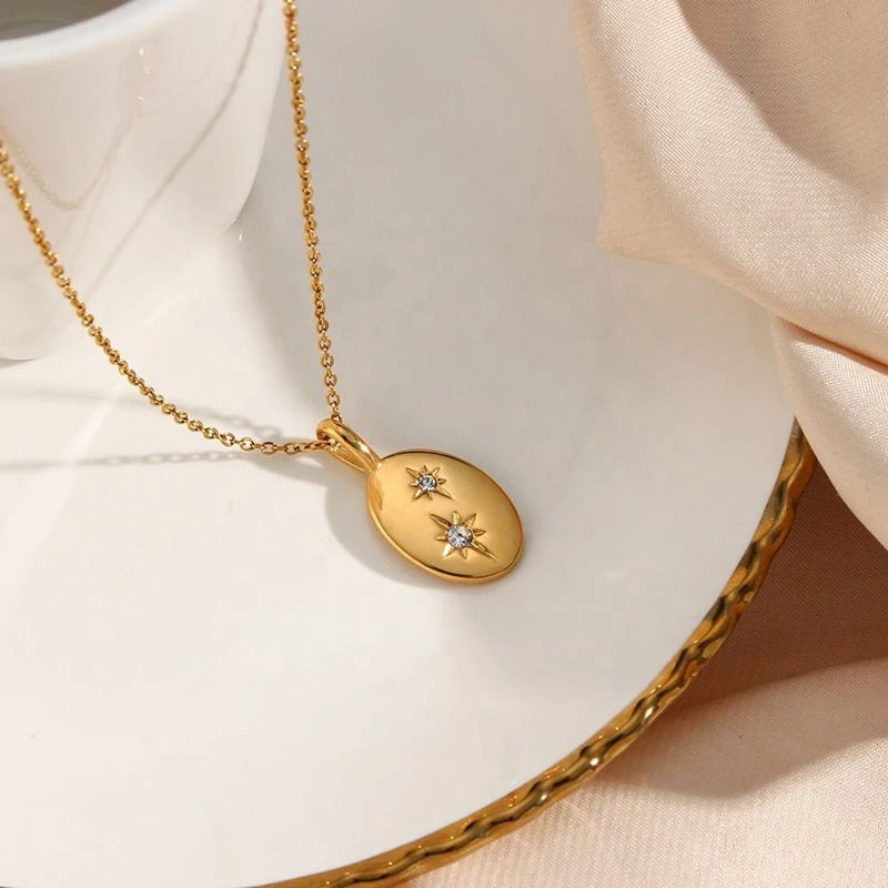 China OEM Simple Style Oval Octagonal Star Zirconia Pendant Stainless Steel Necklace Gold Plated