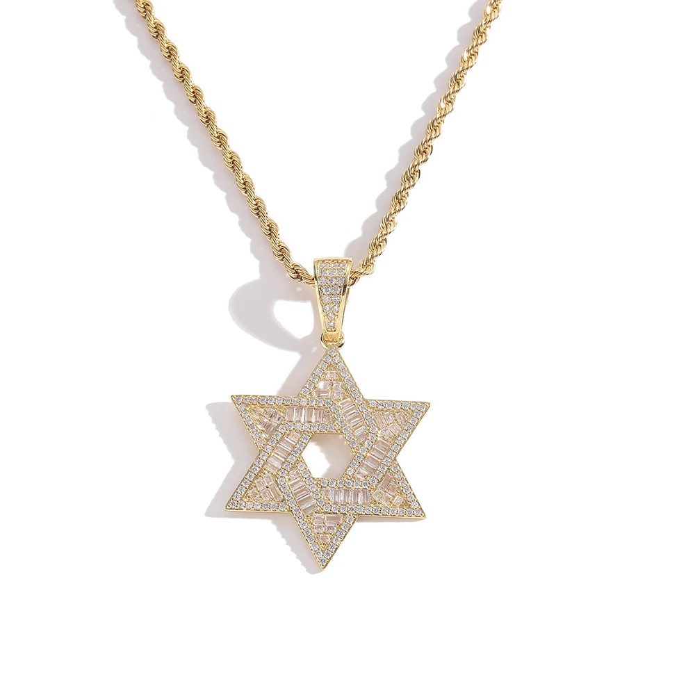 New Hip Hop Titanium Steel Gold Plated Pave Crystal Star of David Pendant Necklace Cuban Link Chain Star of David Necklace