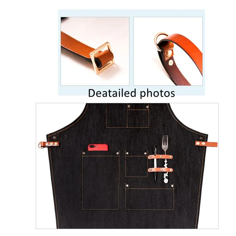wholesale Custom denim working apron leather strap jean apron with pockets for flower shop and coffee shop