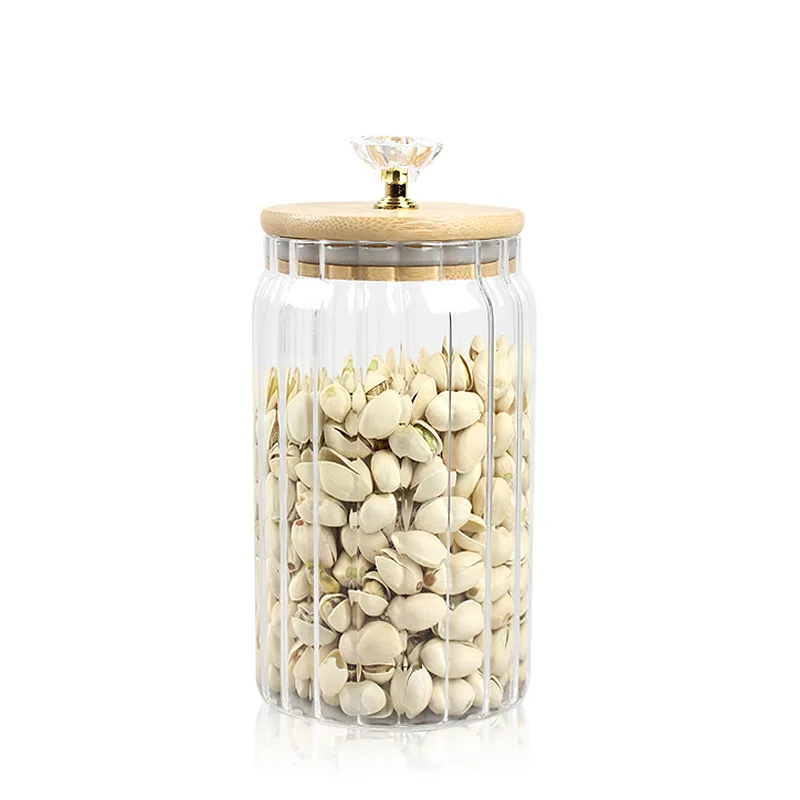 Vertical Grain Kitchen Container Lead Free High Borosilicate Glass Bottles Snack Candy Airtight Food Storage Jar With Bamboo Lid