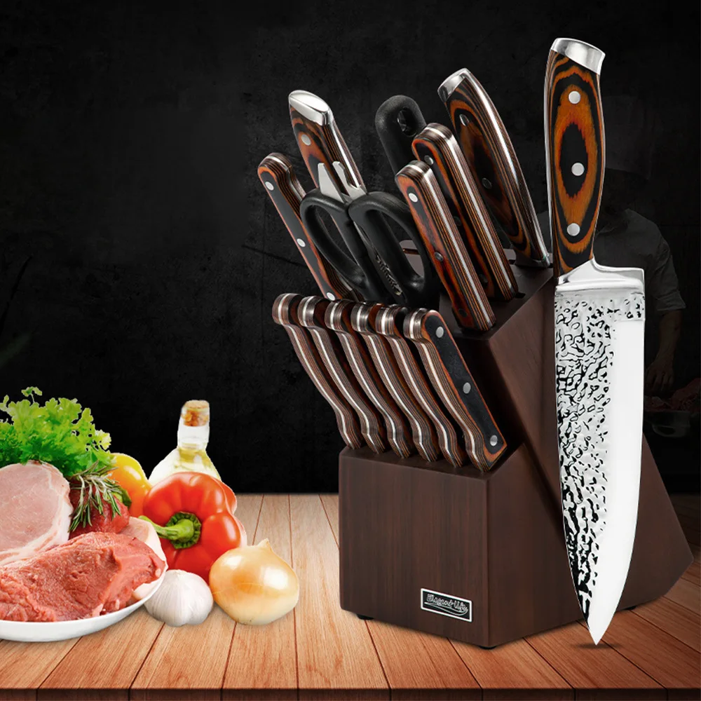 CATHYLIN 15 Pcs Professional Chef Tool Set Metal Stainless Steel Kitchen Knife Set with Wood Handle Block Color Box for Kitchen