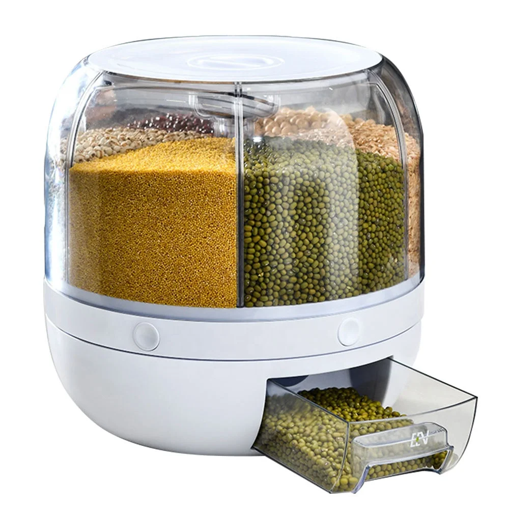 Large Capacity 6-Grid Rotating Rice Dispenser Rotatable Sealed Grain Food Storage Box Food Grain Cereal Dispenser  Container