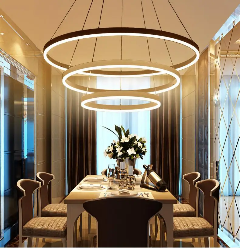 Minimalism Style LED Chandelier 3 Circles Ring Pendant Light Long Hanging Lamp for Villa Stairs Restaurant Living