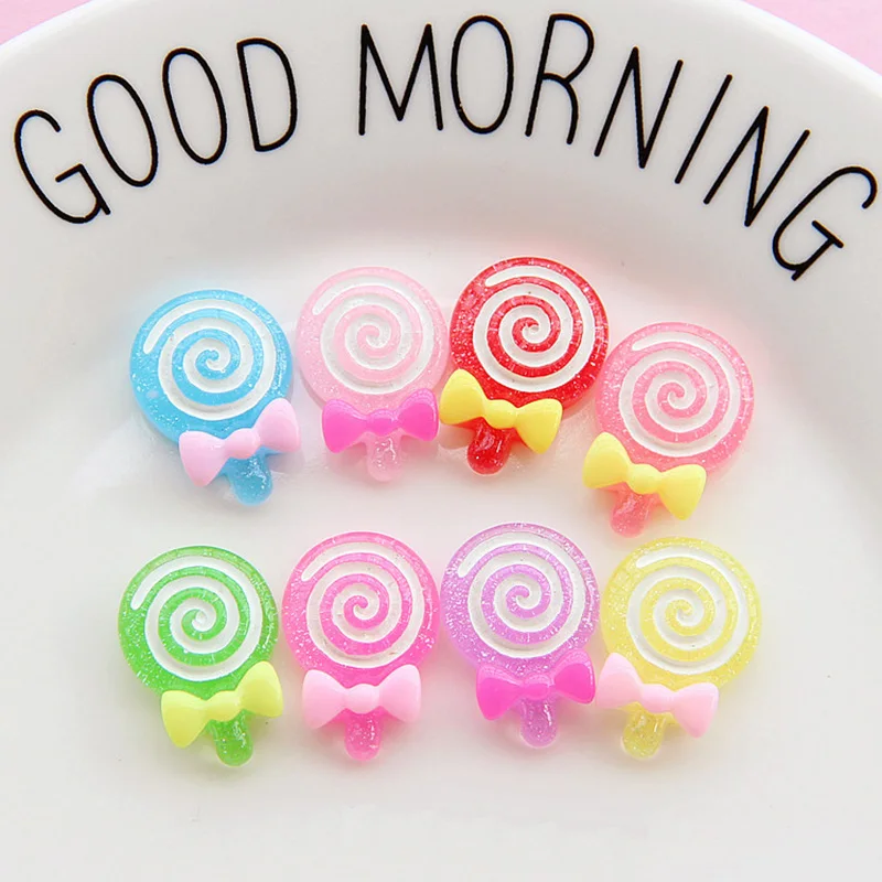 Free Shipping Colorful Adorable Glitter Bowknot Lollipop Resin Candy Accessory Scrapbooking Flatback Cabochons Resin Ornament