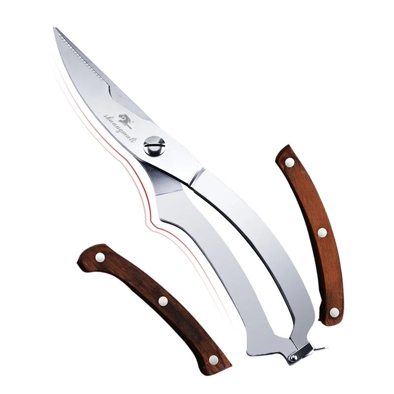 Профессиональные кухонные ножницы из нержавеющей стали в виде куриных костей с цветной деревянной ручкой