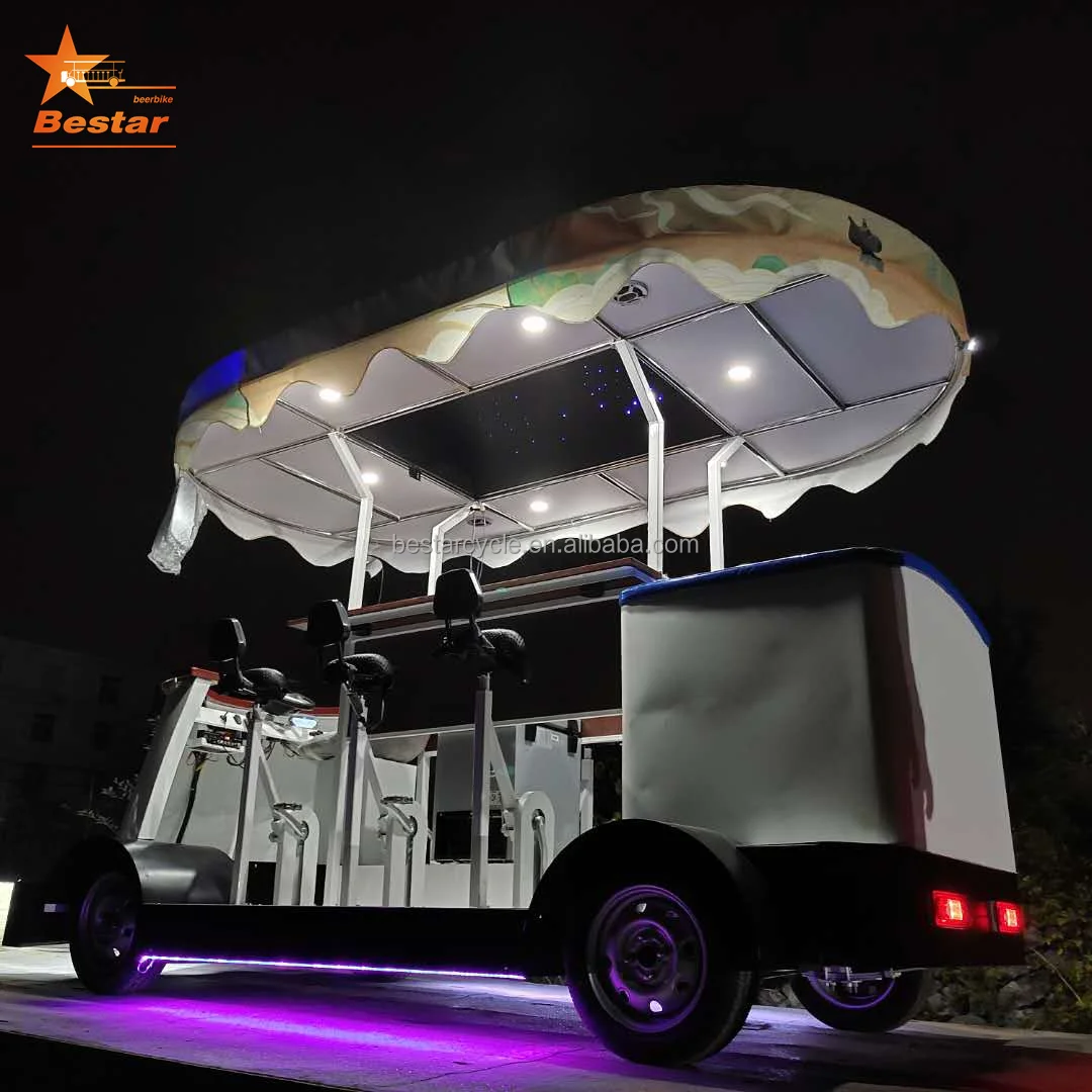 Ordinary Electric Four-Wheel Tandem Bike Single Speed Pedal Truck for City Tours Party Bike Beer Delivery for City Pub Use