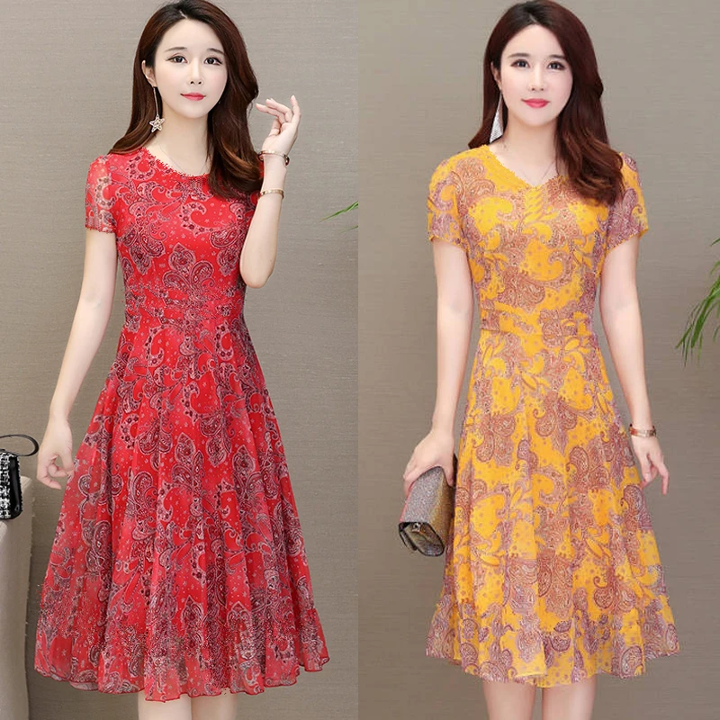 
New dress female large size mesh dress cheongsam type mother casual dress in the long paragraph big pendulum A word skirt 
