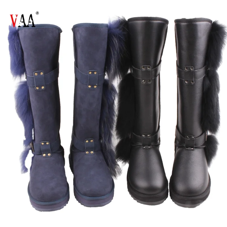 CF-142 Winter Factory Genuine Leather Long Design Australian Double Face Sheepskin And Raroon Fur Over The Knee Boots For Women