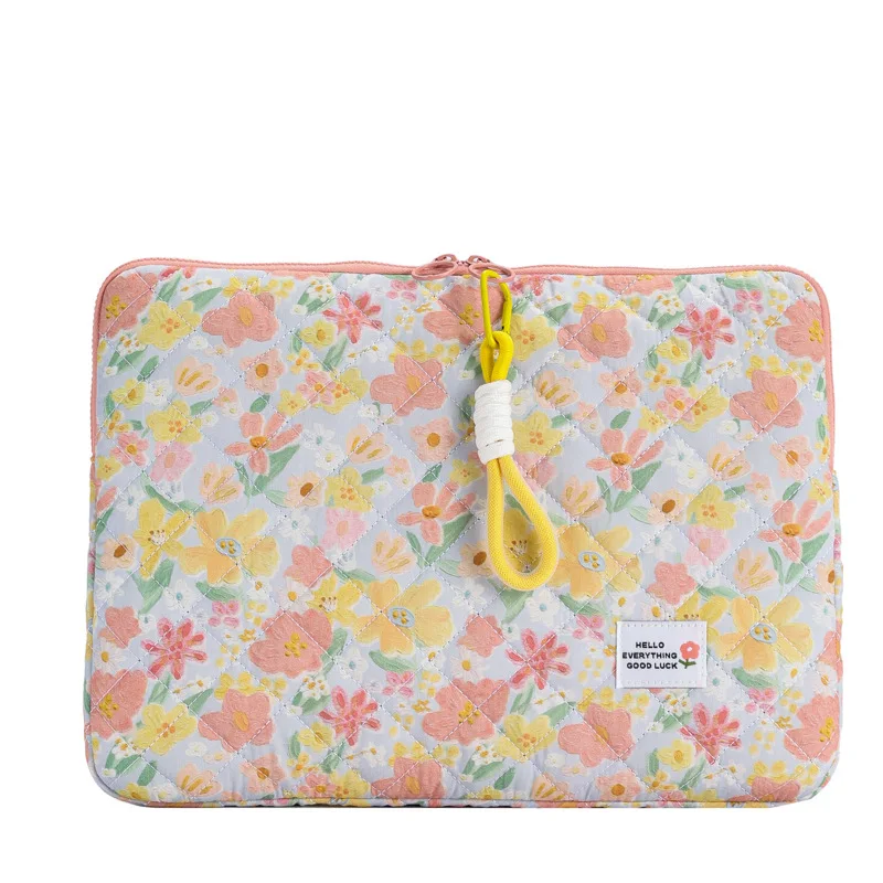 Custom Laptop Sleeve Soft Quilted Puffer Laptop Protector Portable Sling Hook Strap Laptop Bag with Cute Floral Print for Girls
