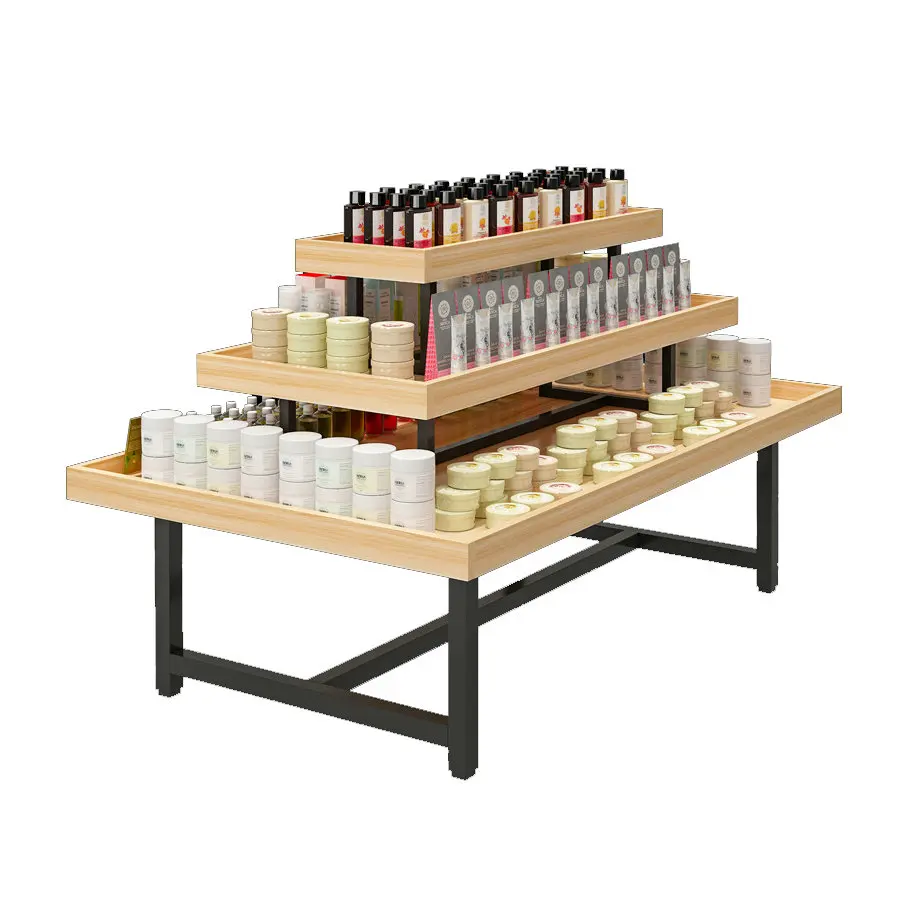 Mall Showcase Supermarket shelves Steel Wood Clothes Shoe Ladder Rack Three Tier Display Table For Sale Product Display Cabinet