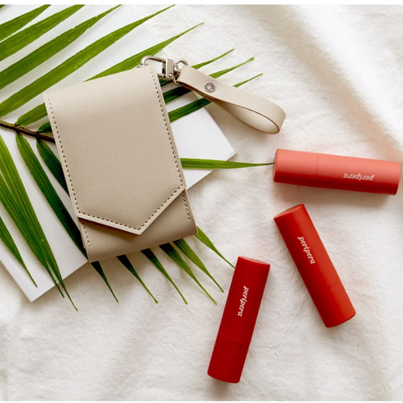 New Fashion PU Leather Lipstick Carry Case Lipstick Cosmetic Pouch Case Lip Balm Holder Mirror with Key Chain