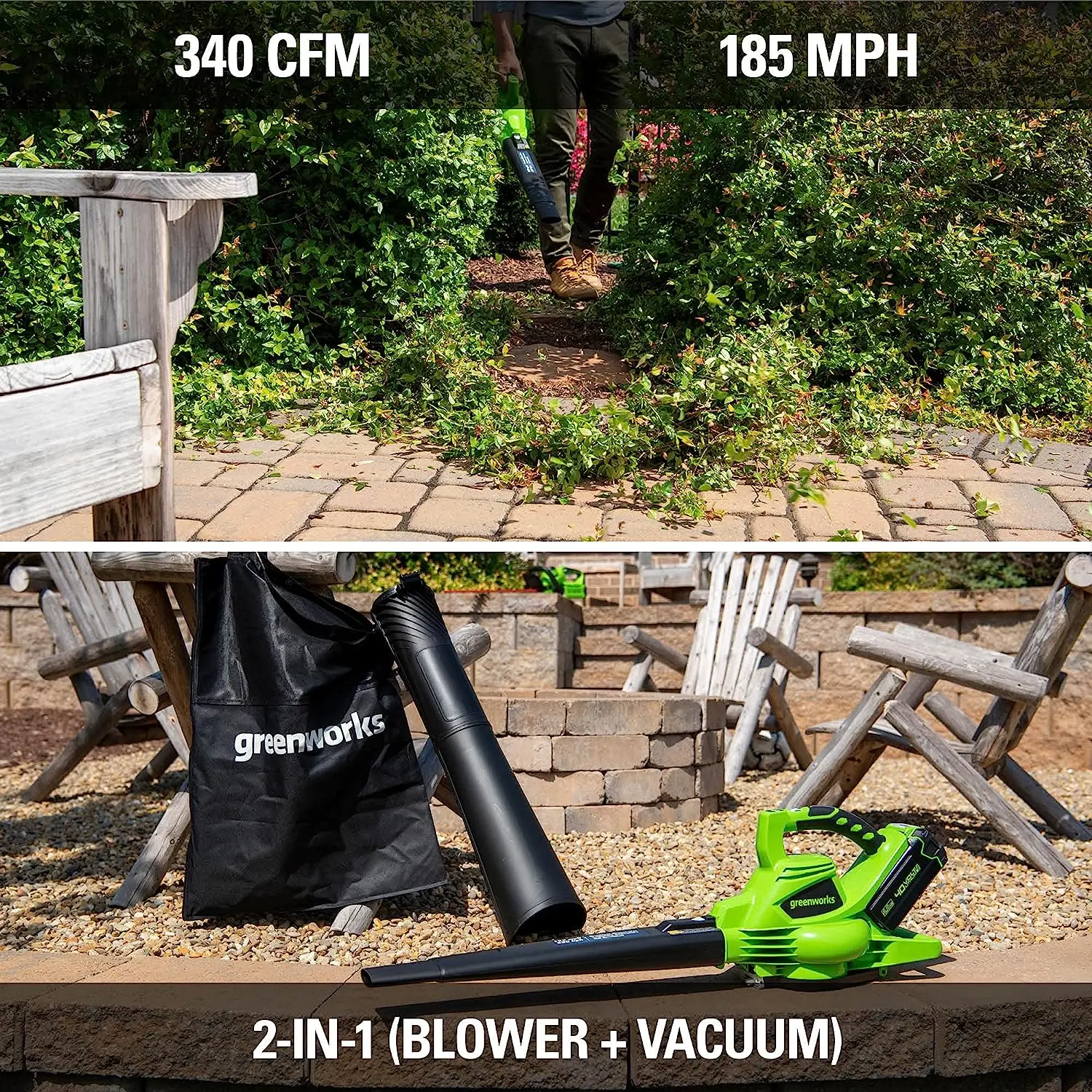 Greenworks 40V 185 MPH 340 CFM Cordless Brushless Leaf Blower Vacuum with 4.0Ah Battery and Charger