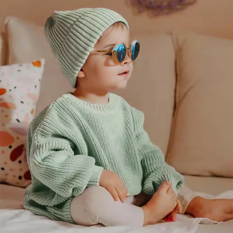 Hot Sale 3M-4T Warm Plain Pullover Organic Cotton Knitted Kids Baby Sweaters
