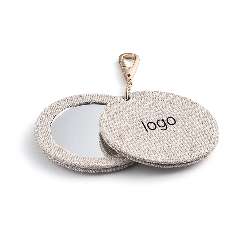 OEM Private Label Custom Logo Round Makeup Fabric Mini Portable Mirror With Keychain