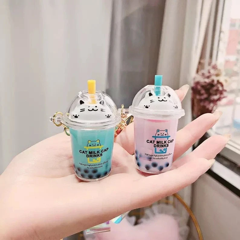 Cute Novelty Style Liquid Meow Boba Tapioca Black Pearl Milk Bubble Tea Mini Cup Drink Kawaii Cat Charm Quicksand Keychain