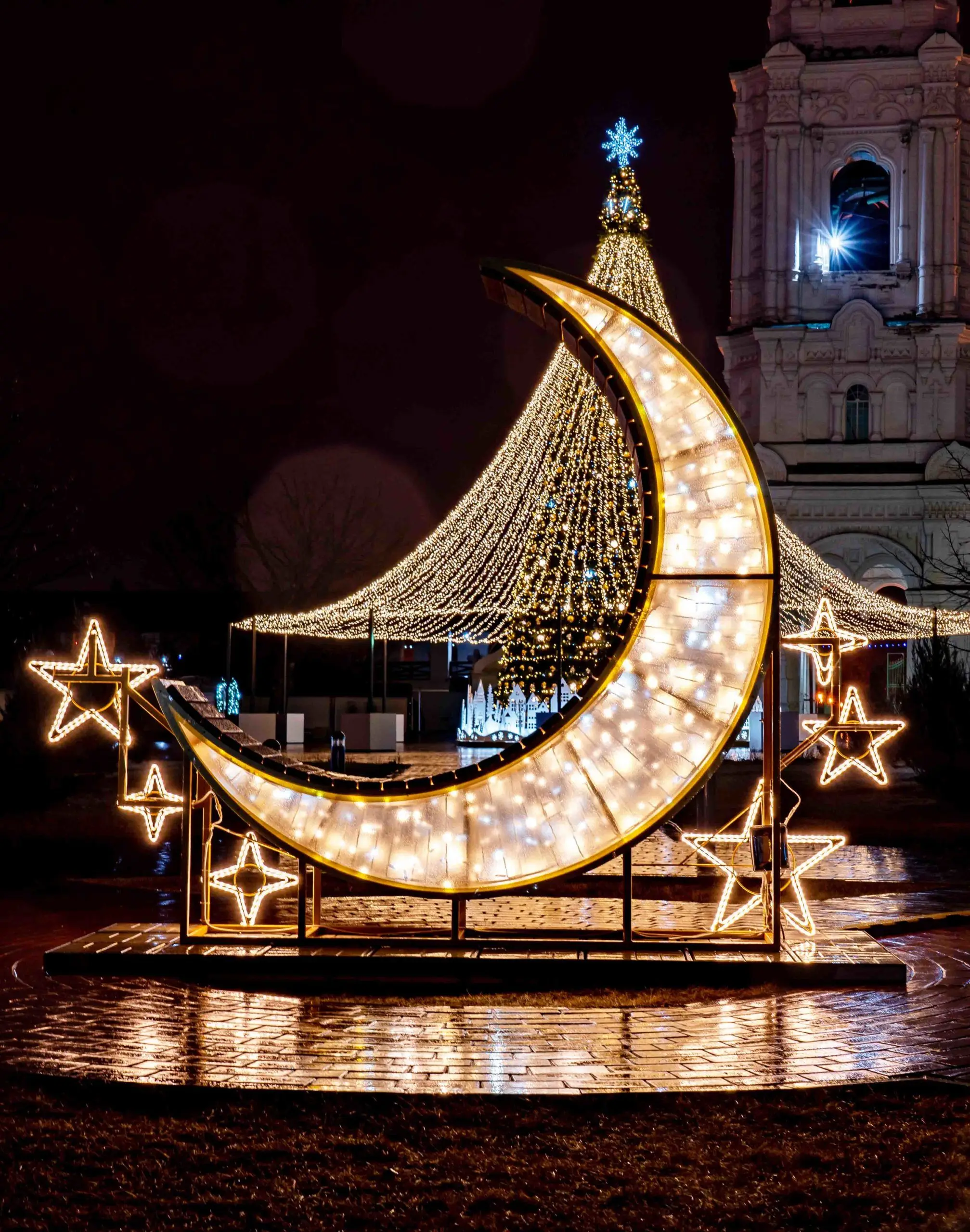 Commercial Outdoor Waterproof Giant 3D Metal candle Lantern Moon Star Motif lights Christmas Ramadan Events decorations