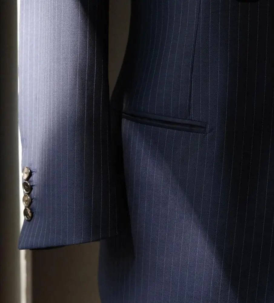 Classic Navy Stripe 3 Piece Slim Fit Coat Pant Suit for Men Italian